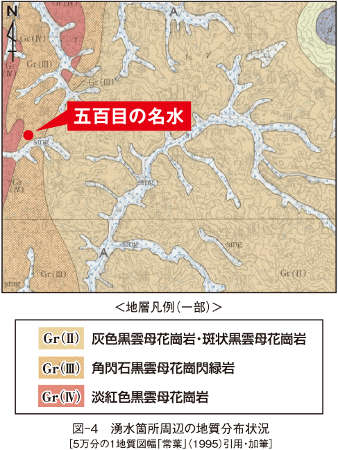 図-4　湧水箇所周辺の地質分布状況 ［5万分の１地質図幅「常葉」（1995）引用・加筆］